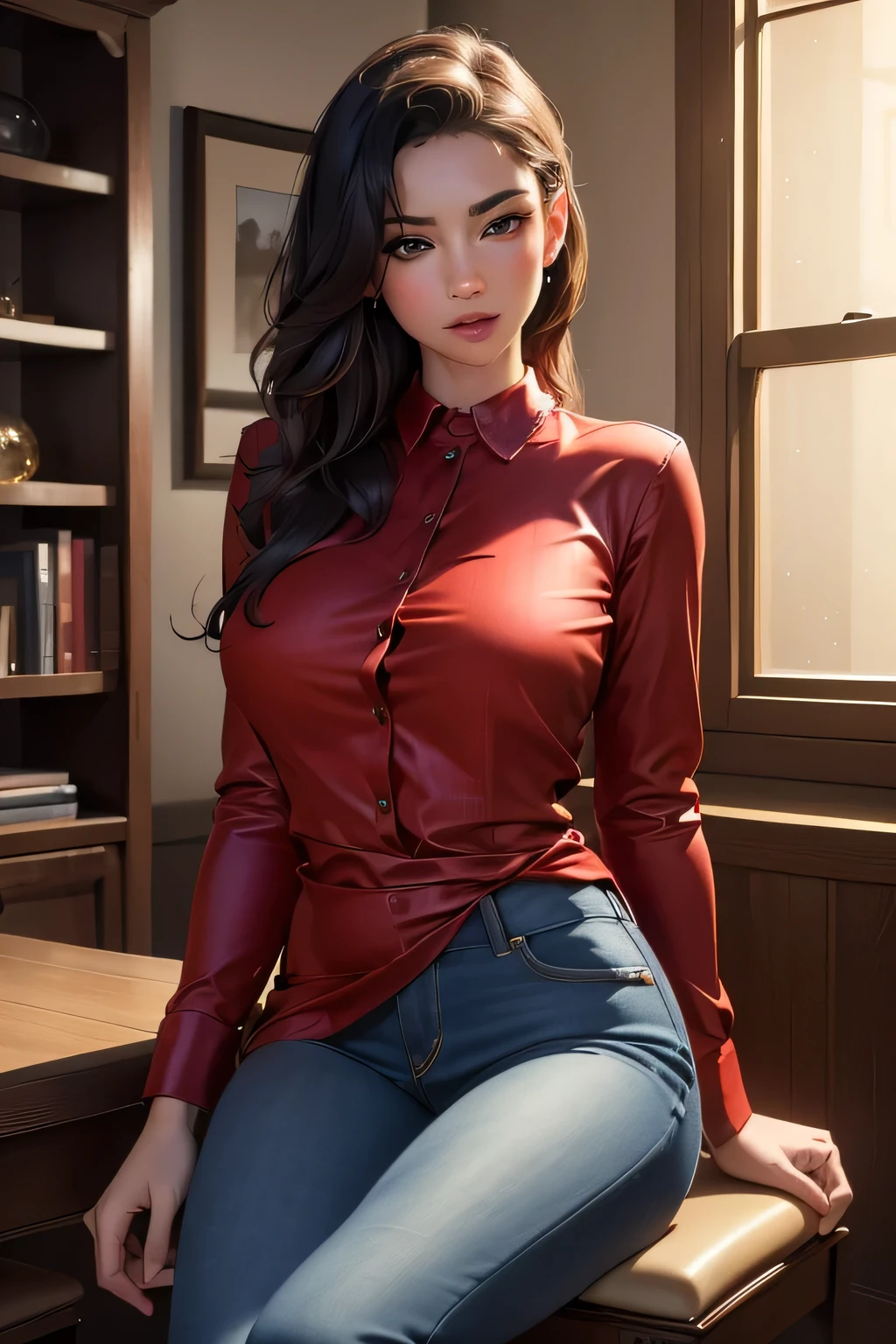 (best quality,4k,8k,highres,masterpiece:1.2),ultra-detailed,(realistic,photorealistic,photo-realistic:1.37), portraits,color grading,dramatic lighting,passionate,love,attraction,erotic,sensual,red dress,flannel shirt,jeans,sexy woman,young man,on lap,chair,kissing,making out,dim lighting,desire,lust