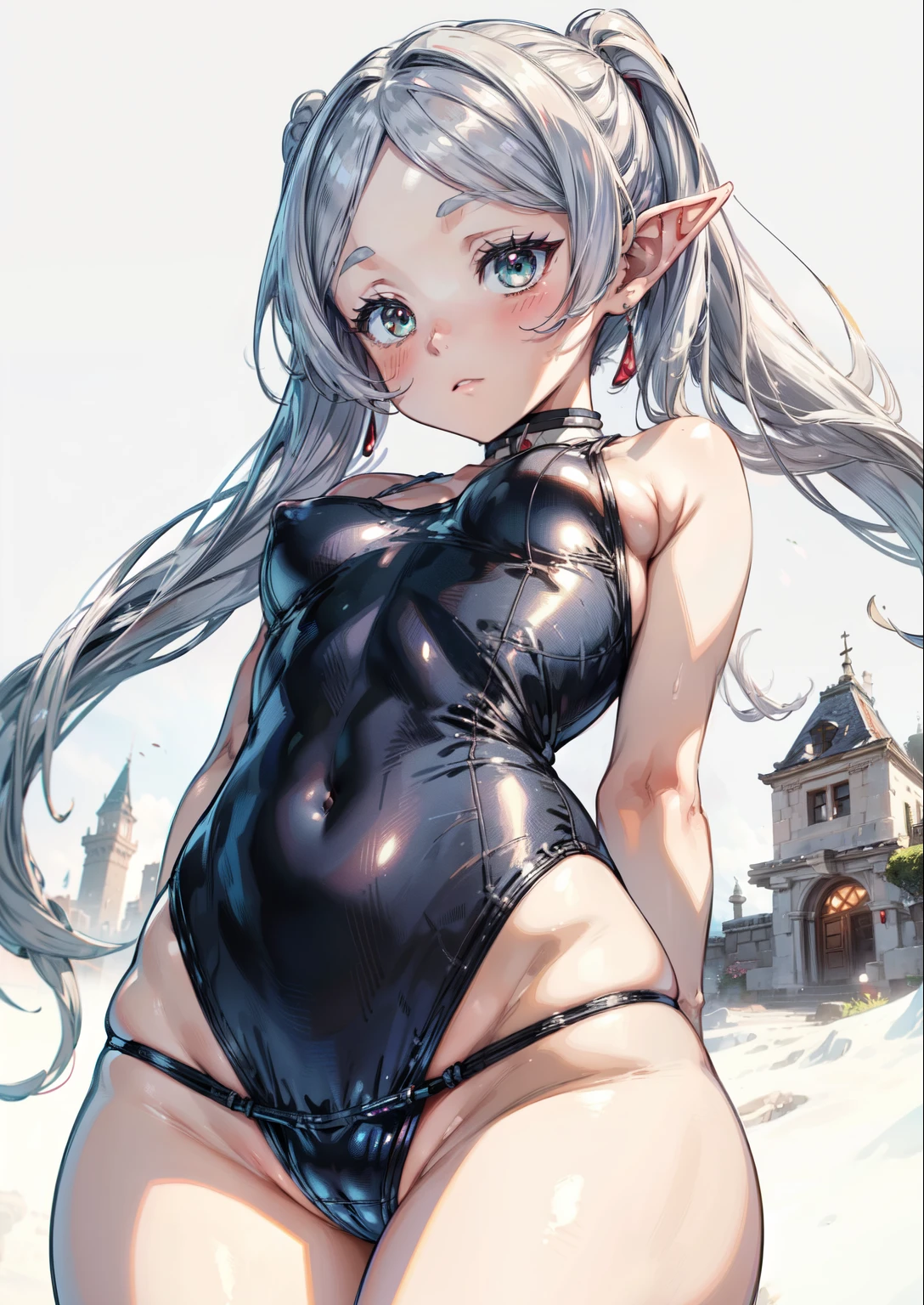 (Masterpiece, High Quality, Top quality, High-Detailed, Detailed CG, Cinematic Shadow, Cinematic Scene, Beautiful Detailed Eyes, Ultra Resolution, Depth of Field), (Character: Frieren: Beyond Journey's End), Looking At The Audience, Looking Down, Looking At The Audience Below, (Blush Expression:1.2), (SFW:1.2), Elf Ear, Silver Hair, Twin Tails, Spiky Ears, Five Fingers, Good Composition, Arms, (Swimsuit:1.2), (White Swimsuit:1.0), Thicc Thighs, Small Breasts, Medium Breast, Dark Background, Blur Background, Castle Room, European Room
