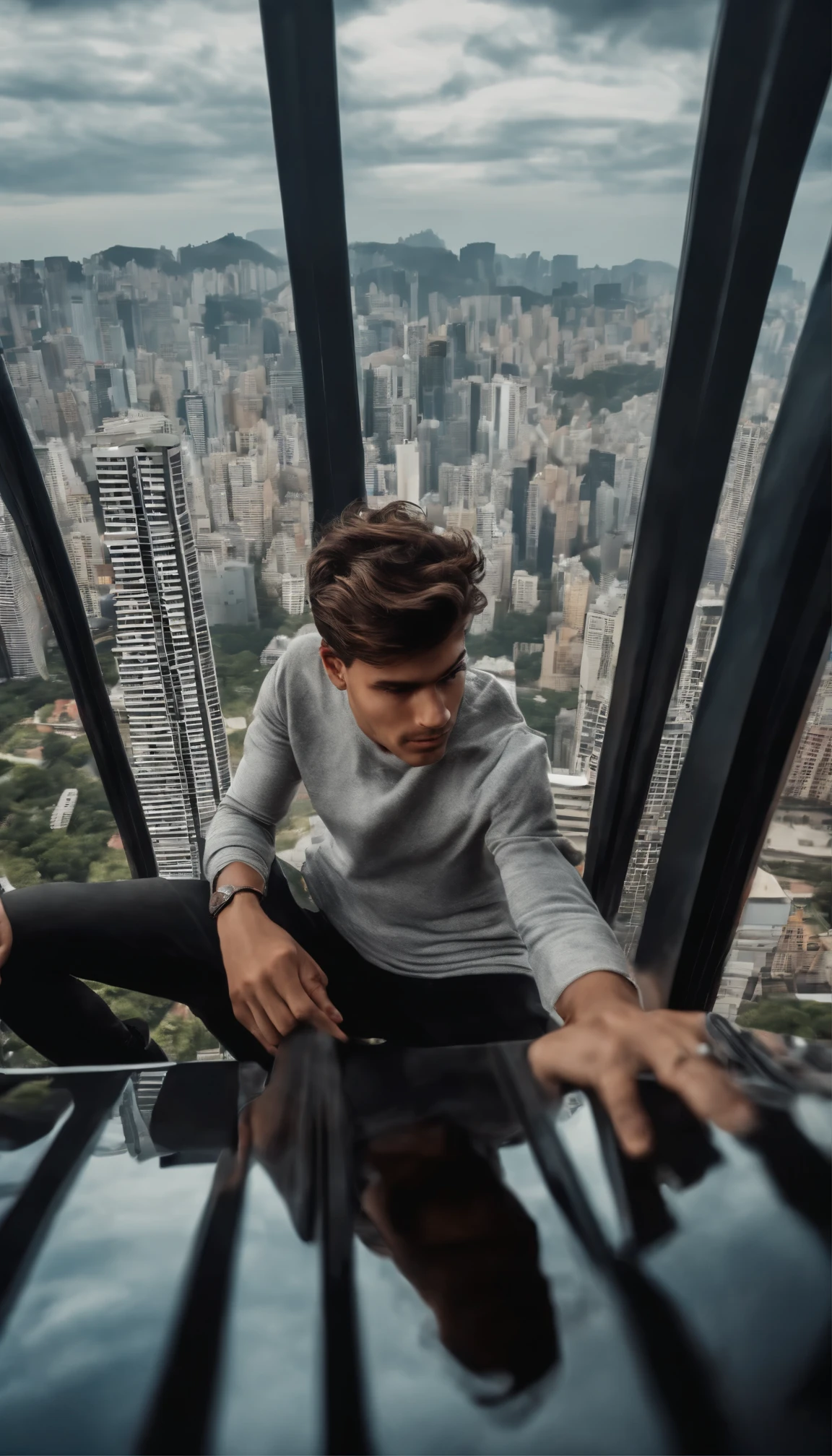 Extremely realistic detailed, high-quality ultra wide angle lens photography, from a Brazilian fashion style boy, modern style seated on the edge of skyscrapers, we can see him from bottom, low angle