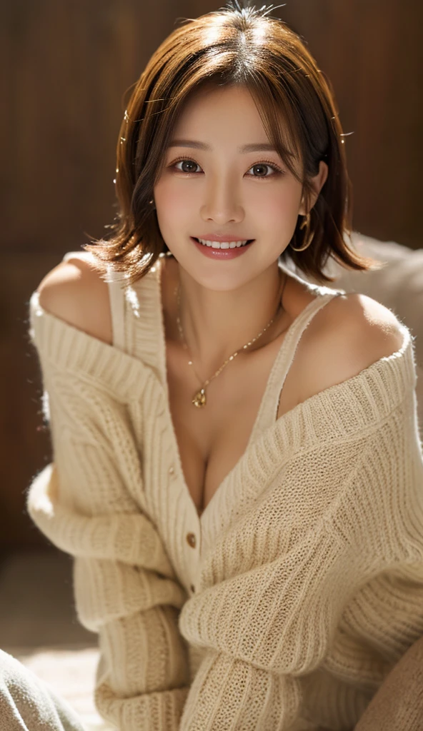 (masterpiece:1.3), (8k, Photorealistic, Raw photo, Best image quality: 1.4), Japanese 、(Random Hairstyles:1.2)、Cleavage:1.2、Super detailed face、Attention to detail、double eyelid、Put your chest together、Sharp focus:1.2、Beautiful woman:1.4、Light brown hair、highest quality、masterpiece、超A high resolution、(Photorealistic:1.4)、Highly detailed and professionally lit smile、Loose, lightweight knitwear、Shoulders out、thin、Serious expression、Short-haired、Deadly position