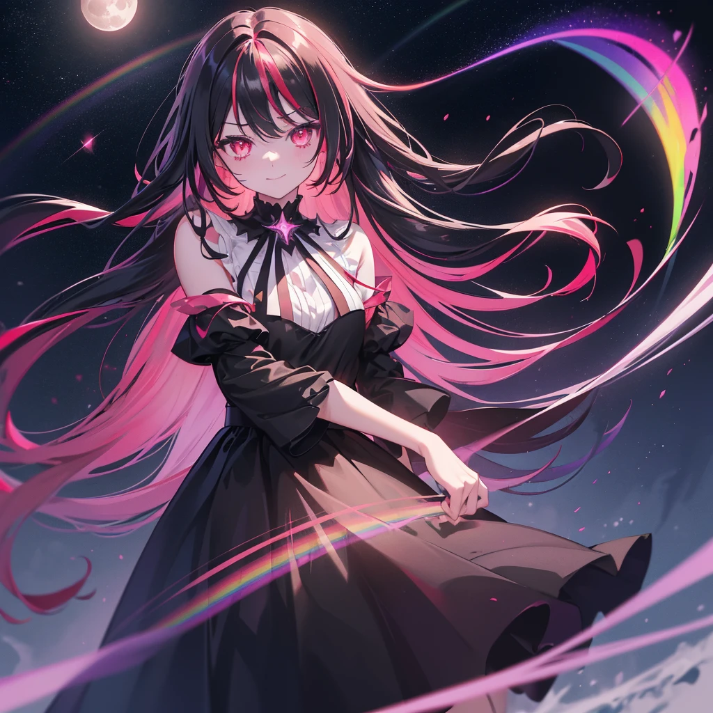 ((Fantasy Long Hair Red line Pink Eyes Rainbow Hair Black Dress)) ((night Western style Shining Aura Face is close )) Broken glass Big white ribbon Big Moon First magnitude star Light shines in Catch the wind Tense face Shining Edge Reflection of light Bathed in light Emit an aura Look over smile