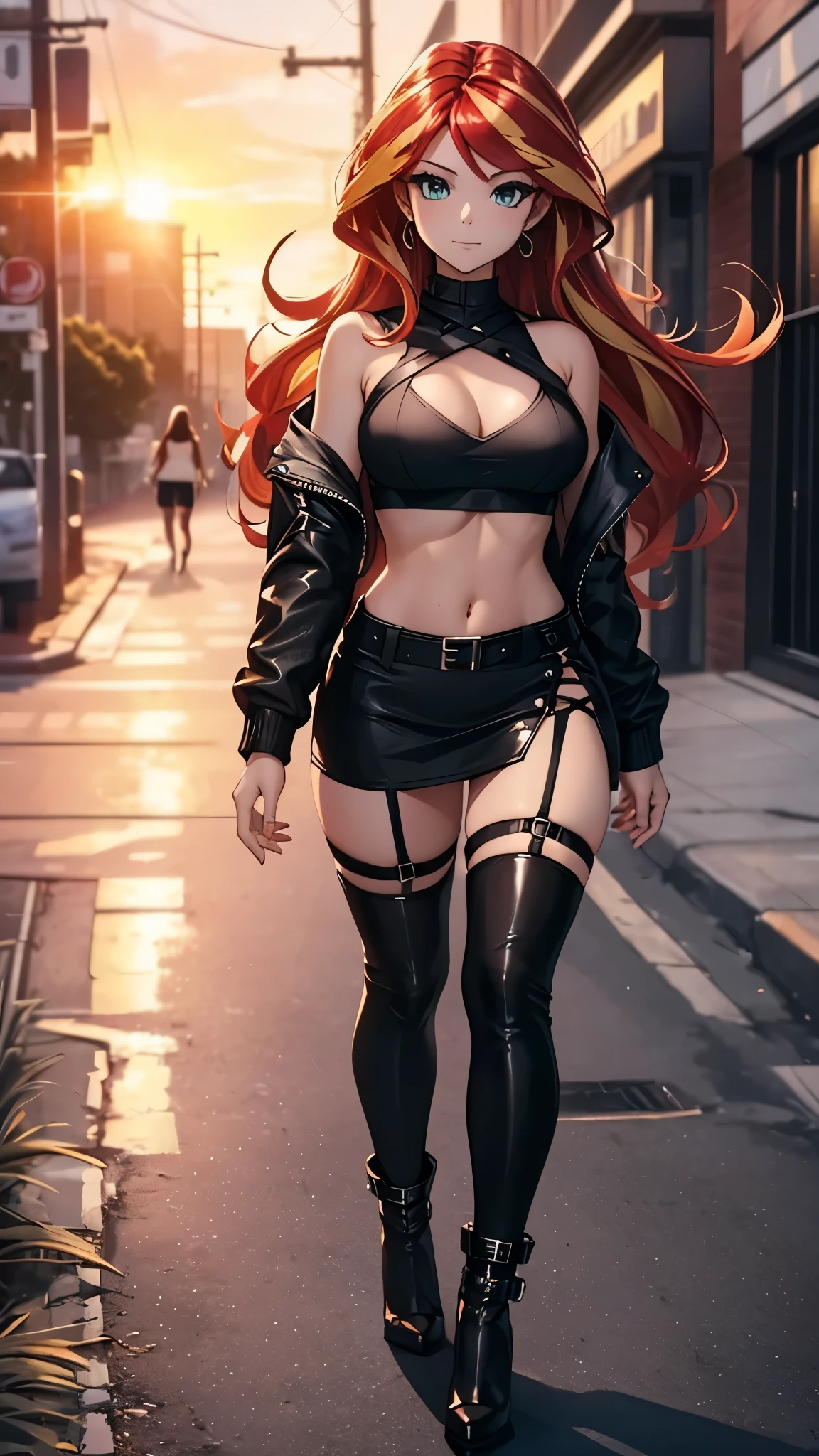 Sunset shimmer, croptop, underboob, black miniskirt, black thigh high stockings, black high heel shoes, walking down the street, sultry