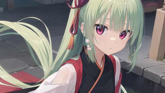 ((masterpiece)),(best quality),Official Art,Extremely detailed CG,Unity 8k Wallpaper,Super detailed,Beautiful and delicate eyes,Extremely detailed face,1 girl,solitary,,(whole body:1.5),(small:1.3),,,Murasame,Very long hair,Green Hair,Face Up,Purple bow,hairpin,Side chains,Bangs,Red Eyes,Neck strap,Red belt,Elegant and beautiful,Long sleeves hanfu,Wearing Hanfu,Gentle as a poem,Long Ponytail,Flowers wither in time,Blooming in memory。What are we dreaming about?,What do we have left??