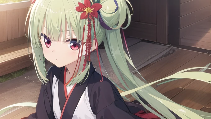 ((masterpiece)),(best quality),Official Art,Extremely detailed CG,Unity 8k Wallpaper,Super detailed,Beautiful and delicate eyes,Extremely detailed face,1 girl,solitary,,(whole body:1.5),(small:1.3),,,Murasame,Very long hair,Green Hair,Face Up,Purple bow,hairpin,Side chains,Bangs,Red Eyes,Neck strap,Red belt,Elegant and beautiful,Long sleeves hanfu,Wearing Hanfu,Gentle as a poem,Long Ponytail,Flowers wither in time,Blooming in memory。What are we dreaming about?,What do we have left??