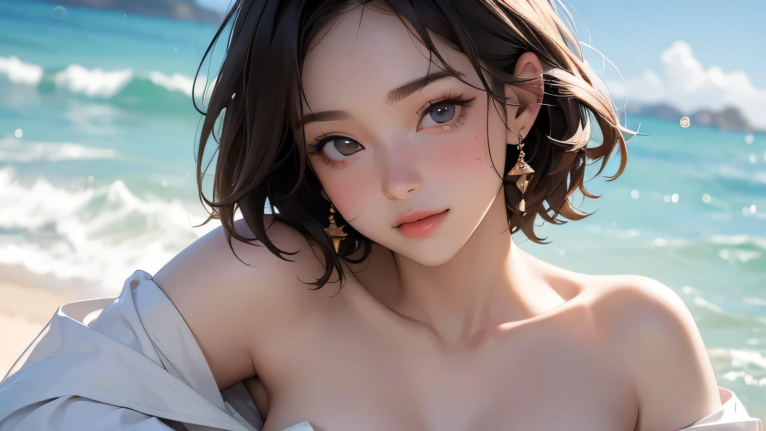 (最high quality、8k、32k、masterpiece、Hmph:1.2)、cute japanese women photos、Very short bob hair、whole body、Surface Focus、White Bikini、Seaside Background、Viewer search x4、(8k、RAW Photos、最high quality、masterpiece:1.2)、(Realistic、Realistic:1.37)、1 girl、cute、Professional Lighting、Photon Mapping、Physically Based Rendering、Gradient brunette hair、Short Curly Hair、good looking、Excellent image quality、High resolution、1080p、(Beautiful Face)、(Detailed facial depiction)、(Detailed Hand Explanation)、(Masseter region)、(Detailed CG)、 Extreme light and shadow、Brown Hair, With bangs, (Layered Short Hair), (big: 1.5), Beautiful Eyes, Beautiful Eyes with Slits, double eyelid, (Cat face), (cute Face), cute Smile, (shut up.), (cute), Soft Skin, whole bodyを見せる, Surreal, Very detailed, high quality, (Beautiful college student with short hair playing in the sea), ((Detailed very cute college girl), ((big胸 It can be seen even through clotheasterpiece、Rich details、(exquisite features)、(Best image quality)、(masterpiece)、(fine grain)、Delicate clavicle、Mr.々A pose、Don'Don'Staring at your boyfriend、profile、Shot on the coast、White Bikini