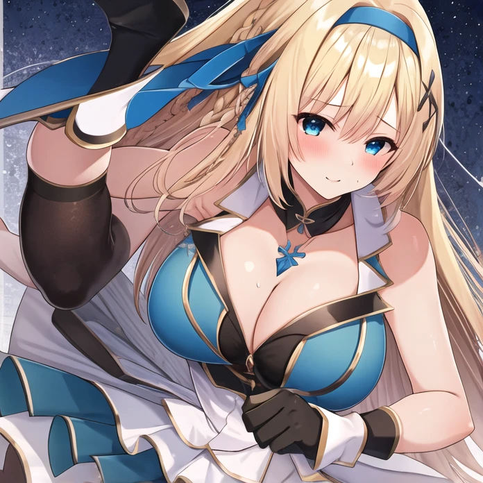 (masterpiece, best quality:1.2), 1 Girl, Solitary, blond, Blue hair band, 左边是Blue hair band, White blue breast, Black gloves, knight skirt, Solid color background