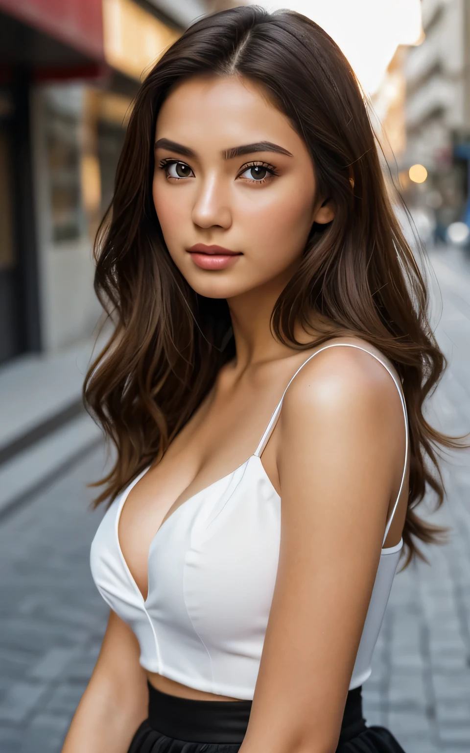 photography of 2 stunning girl, in the city, Kazakhstan girl, wearing Kazakhstan skirt, enjoying, girl, summer, hot girl, (((medium bust))), brunette hair, long_hair, looks into the camera, symmetrical face, photorealistic, photography, spectacular lighting,, gorgeous, cleavage, western, (masterpice), best quality, high resolution, extremely detailed, skin with pores, blurred background, depth of field, cinematic lighting