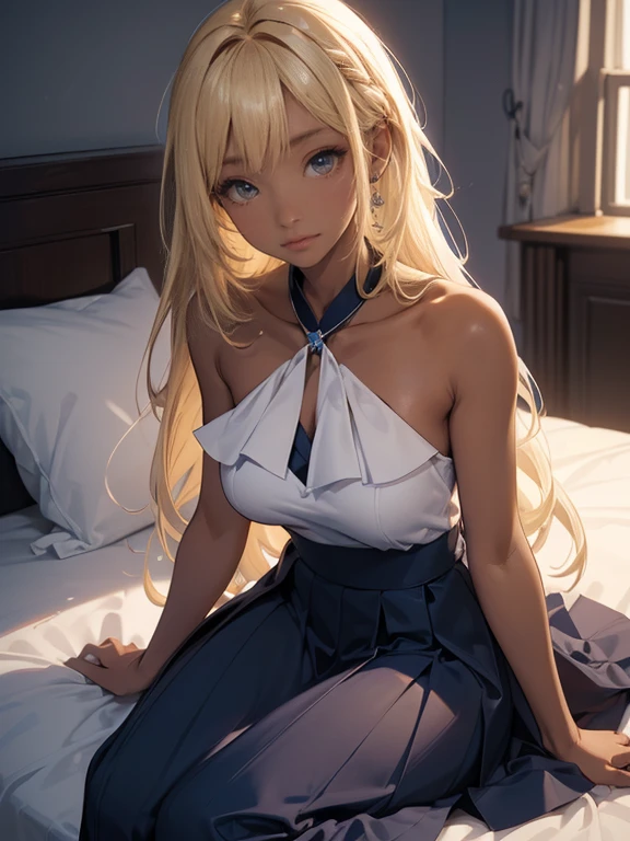 A perfect depiction of beautiful hands and fingers(Increase contrast)、(Increase saturation)、(25歳のDark Skinの女性、stare、Dark Skin)、(((Dark Skin、Brown Skin)))Beautiful woman with perfect figure、Embarrassed face、((((Blonde shoulder-length hair))))(((Navy Blue Skirt、Ultra mini length))))Super big boobs、Narrow waist、Long legs、(((Bedroom、On the bed、sleep、put one's head on the pillow、Spread your legs)))(((Medium full shot from directly above)))(((Black Skin、Black Skin、Super big 、Upper body naked、nude、Nipples)))