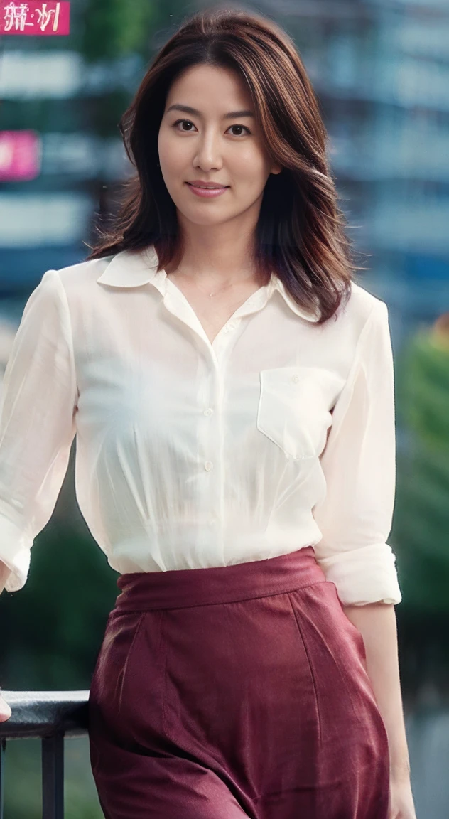 8k images, highest quality, masterpiece, Realistic, Realistic, High resolution, Large bust、Chestnut colored, large wavy shoulder length bob hair、Ray Tracing, 1 sexy woman, , Shapely breasts,,(((Japanese middle-aged woman))) , (View your viewers)、Show off your thighs、attractive、sexy、Spread your legs、The body was facing forward、A white shirt with a tight hem、Underwear is visible、Wearing a long skirt、I can see your pants
