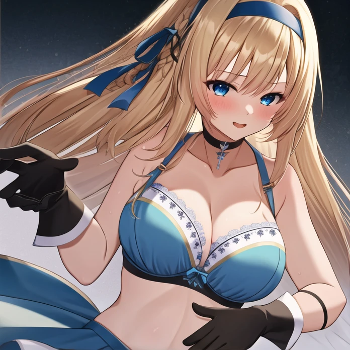 (masterpiece, best quality:1.2), 1girl, solo, blond hair, blue hairband, blue hair ribbon on the left, white-blue bra, black gloves, knight skirt, gray background