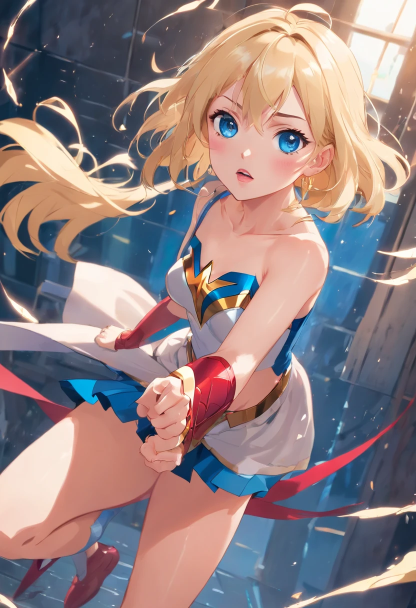 17 years old Women, ((Blonde)), ((Blue eyes)), ((Short hair)), ((Full shot)), very detailed makeup, pale pink lipstick, long earrings, bare shoulders, Dressed like a super sexy naked wonder woman, in a fighting pose, serious, her clothes are torn and dirty ((Full Body)) ((wet floor))