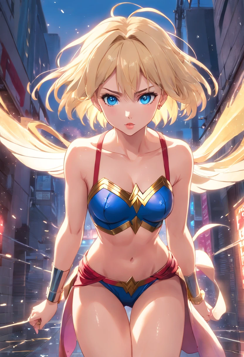 17 years old Women, ((Blonde)), ((Blue eyes)), ((Short hair)), ((Full shot)), very detailed makeup, pale pink lipstick, long earrings, bare shoulders, Dressed like a super sexy naked wonder woman, in a fighting pose, serious, her clothes are torn and dirty ((Full Body)) ((wet floor))