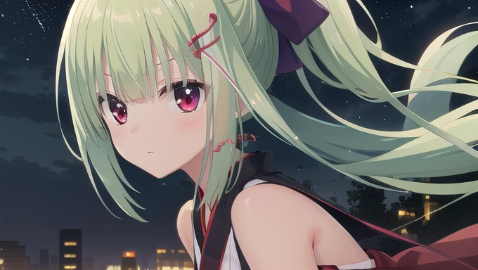((masterpiece)),(best quality),Official Art,Extremely detailed CG,Unity 8k Wallpaper,Super detailed,Beautiful and delicate eyes,Extremely detailed face,1 girl,solitary,,(whole body:1.5),(small:1.3),,,Murasame,Very long hair,Green Hair,Face Up,Purple bow,hairpin,Side chains,Bangs,Red Eyes,Neck strap,Red belt,Elegant and beautiful,Long sleeves hanfu,Wearing Hanfu,Gentle as a poem,Long Ponytail,Our love,Like falling stars,Light up in the dark。