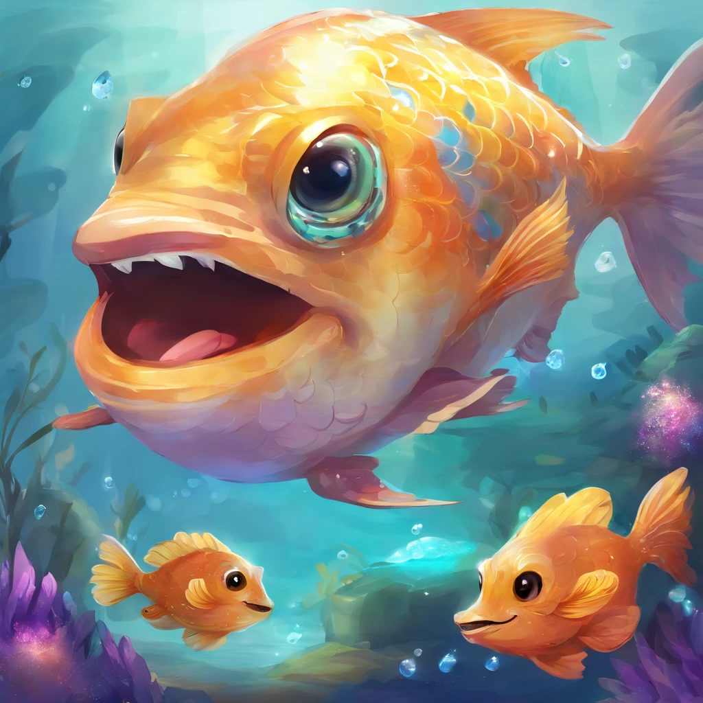 it was a colorful and shiny one oh a flounder a cute little fish，Big round eyes，Contagious smile with various expressions and white background