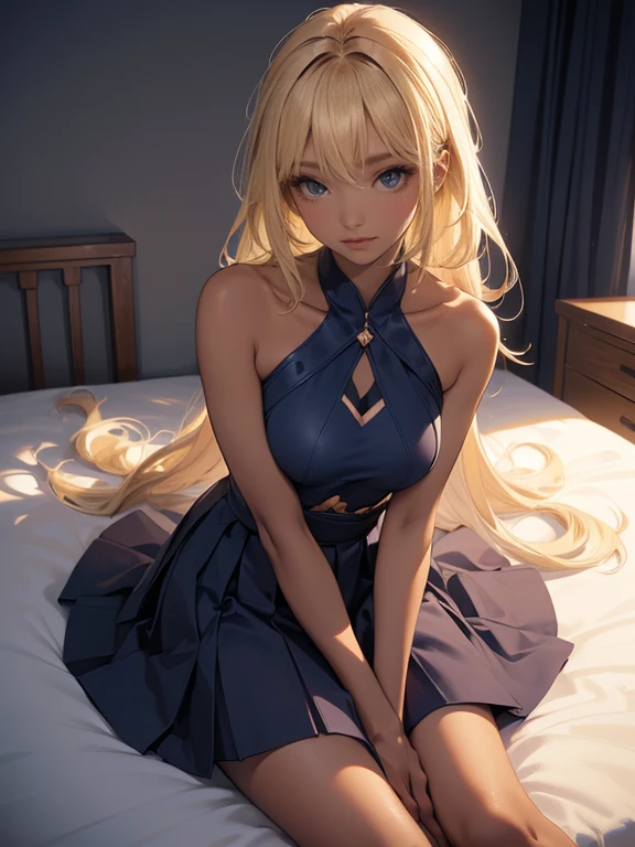A perfect depiction of beautiful hands and fingers(Increase contrast)、(Increase saturation)、(25歳のDark Skinの女性、stare、Dark Skin)、(((Dark Skin、Brown Skin)))Beautiful woman with perfect figure、Embarrassed face、((((Blonde shoulder-length hair))))(((Navy Blue Skirt、Ultra mini length))))Super big boobs、Narrow waist、Long legs、(((Bedroom、On the bed、sleep、put one&#39;s head on the pillow、Spread your legs)))(((Medium full shot from directly above)))(((Black Skin、Black Skin、Super big 、)))(((((Upper body naked、nude、Nipples)))))