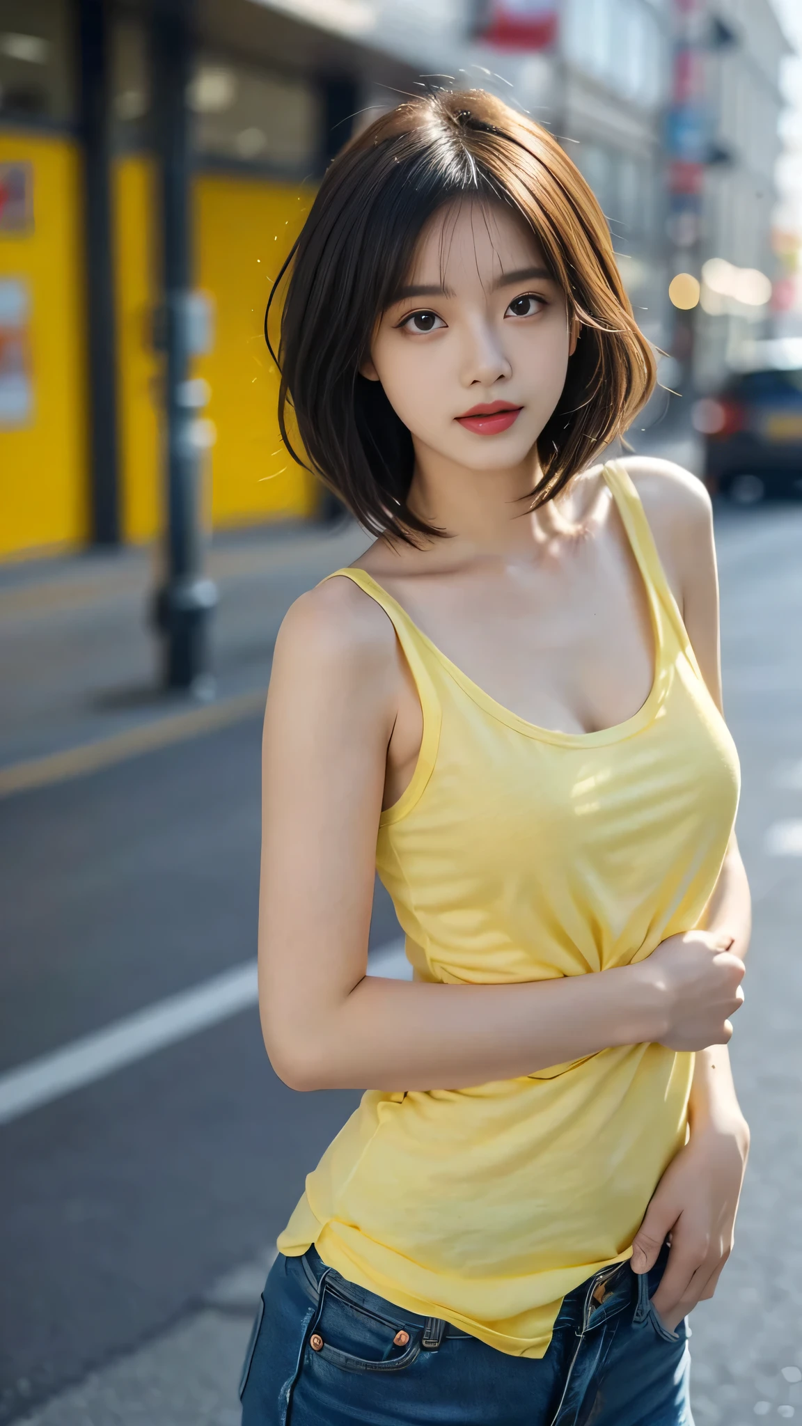 masterpiece, top-quality, 1 beautiful girl, (Detailed beautiful eyes), ((Detailed skin)) , ((Detailed medium hair )), A beautiful girl in yellow tank top and short jeans, hight waist short jean, CG rendering, Blurred background, deep shadow, 16K, bokered, Very detailed, wallpaper, depth of field, movie light, Ray tracing.