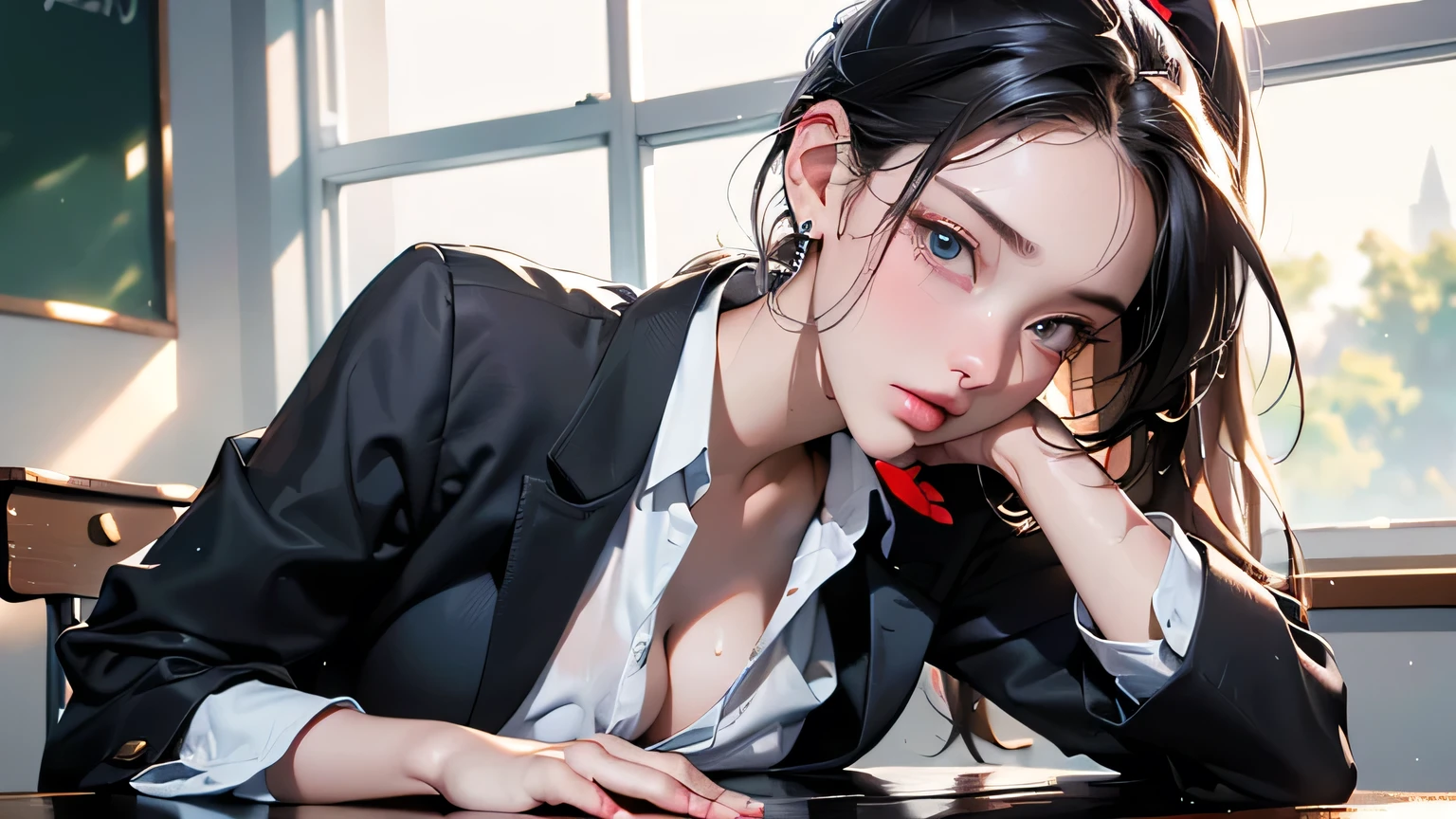 (8k, RAW photo, highest quality, masterpiece), High resolution RAW color photo, uniform, long hair, , ponytail, young, full body, c cup (realistic, photorealism: 1.37), (highest quality) , (Best Shadow), (Best Illustration), Clavicle ((Big)), ((Erotic, Sexy, Ultra High Resolution, High Definition CG Integrated 8K Wallpaper, Physically Based Rendering, Movie Lighting), Best Image Quality, Amazing Details, Ultra HD, (Realism: 1.4), Best illustrations, (Maximum resolution: 1.2), (Ultra HD: 1.2), Cinema lights, 8K resolution, Beautiful eyes and skin, Detailed face, Perfect style, absurd, RAW photography, very delicate and beautiful, masterpiece, top quality, ultra high resolution, 32k, surreal, ultra detailed, perfect anatomy, perfect figure, highly detailed skin, very Detailed CG 8k wallpaper, very slim figure, toned waist, very small head, very small face, delicate features, tearful mole, earrings, slender legs, (C cup breasts: 1.3), (full body shot: 1.1 ), (Alone: 1.2), (Straight: 1.2), Wet clothes, (School uniform: 1.3), (Blazer: 1.2), Collared dress shirt, Classroom