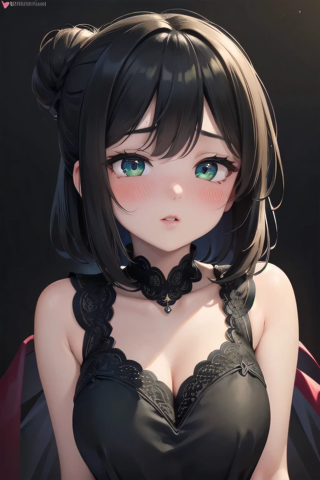 (best quality, highres, ultra-detailed), beautiful detailed eyes, perfect lips, sexy, amazing portrait, messy bun, black hair, amazing makeup, intense blush, flustered, lustful, black blouse, sheer dark green saree, hot, vibrant colors, soft lighting