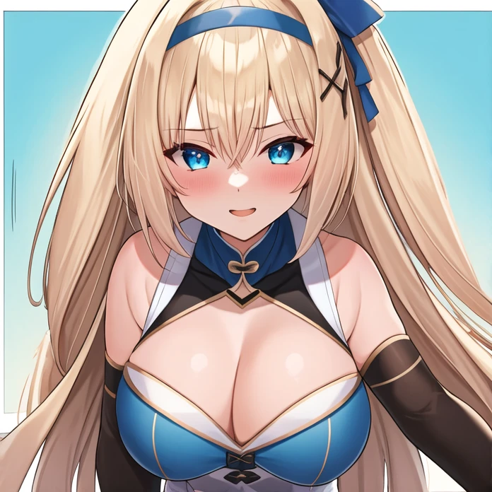 (masterpiece, best quality:1.2), 1 Girl, Solitary, blond, Blue hair band, 左边是Blue hair band, White blue breast, Black gloves, knight skirt, Solid color background