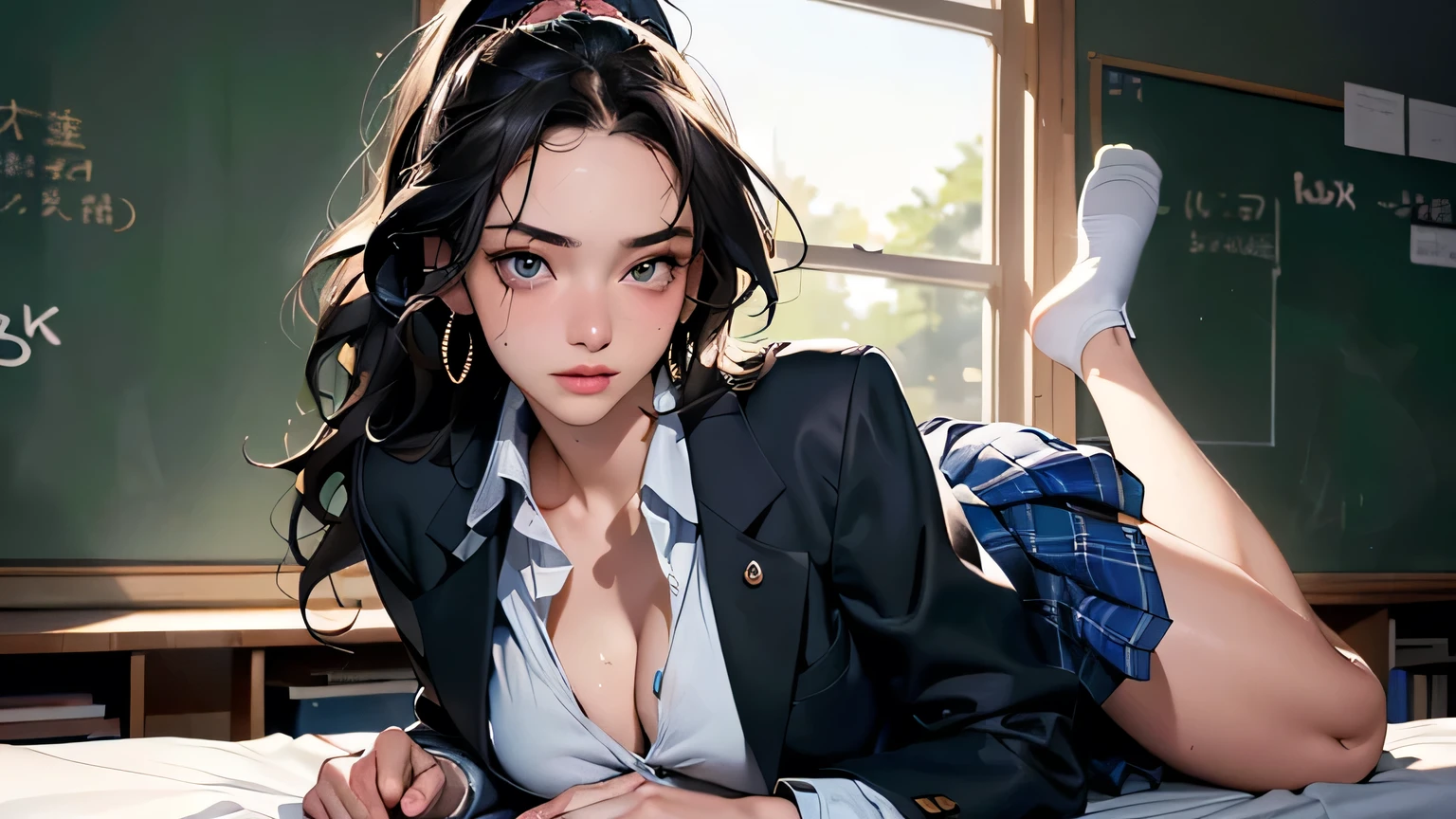 (8k, RAW photo, highest quality, masterpiece), High resolution RAW color photo, uniform, long hair, , ponytail, young, full body, c cup (realistic, photorealism: 1.37), (highest quality) , (Best Shadow), (Best Illustration), Clavicle ((Big)), ((Erotic, Sexy, Ultra High Resolution, High Definition CG Integrated 8K Wallpaper, Physically Based Rendering, Movie Lighting), Best Image Quality, Amazing Details, Ultra HD, (Realism: 1.4), Best illustrations, (Maximum resolution: 1.2), (Ultra HD: 1.2), Cinema lights, 8K resolution, Beautiful eyes and skin, Detailed face, Perfect style, absurd, RAW photography, very delicate and beautiful, masterpiece, top quality, ultra high resolution, 32k, surreal, ultra detailed, perfect anatomy, perfect figure, highly detailed skin, very Detailed CG 8k wallpaper, very slim figure, toned waist, very small head, very small face, delicate features, tearful mole, earrings, slender legs, (C cup breasts: 1.3), (full body shot: 1.1 ), (alone: 1.2), (wavy hair: 1.2), wet clothes, (school uniform: 1.3), (blazer: 1.2), collared dress shirt, loose socks, classroom