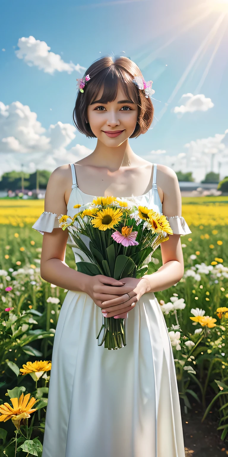 smiling broadly, holding flowers in her hand, shining in the lights, and the sun was shining, 4 year old girl, bangs, 2d drawing, illustration, short hair, drawing, 2D, anime, single anime coloring, beautiful cloudy sky, hand holding flowers, looking at the viewer, best quality, big eyes, emotionless, tall flower field all around, people standing, cartoon, flower field, half body person