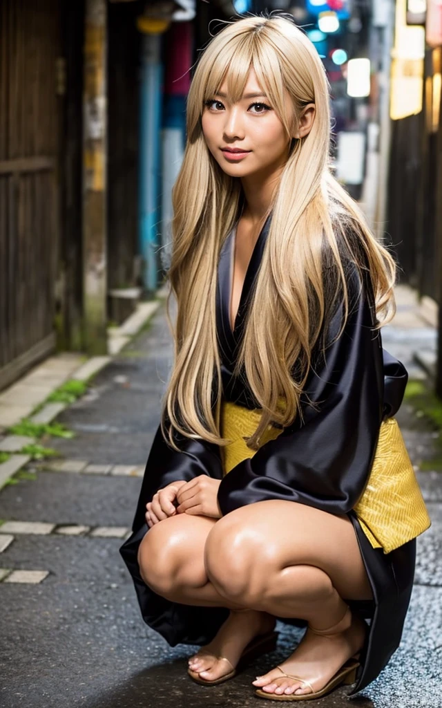 gyaru, dark-skinned, shiny oiled skin, blond hair, wearing japanese kimono, squatting on alley , dark-night, deep fog, sunshine light, close up shot