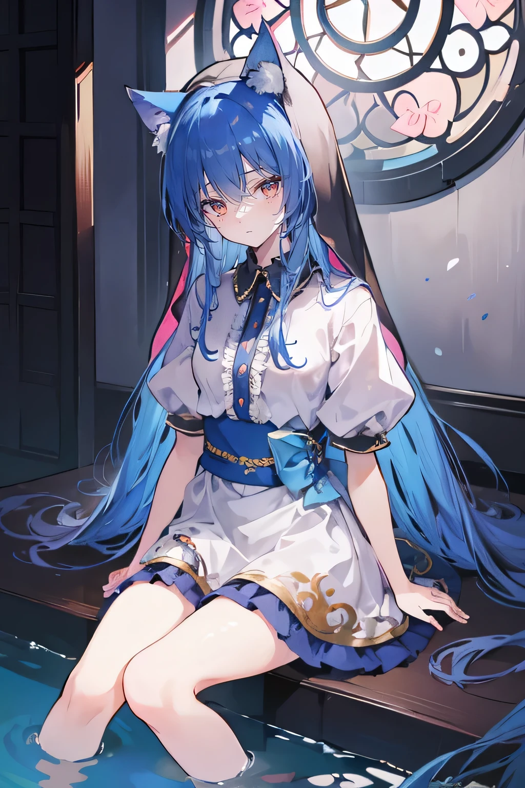 (masterpiece:1.2),Extremely detailed,Practical,expressive eyes,Fair skin,Perfect face shaping,1 Girl,
Japanese cartoons,Gorgeous blue hair, the long flowing blue hair,Floating clothes,Cat ears,Petals fall,beautiful lola,Young Angel,
Place your hands on your waist,sit elegantly on the ground,Cross your legs,Gentle and peaceful background,stately church,nun,lie on the water.