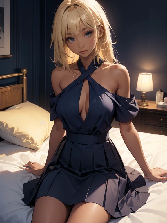 A perfect depiction of beautiful hands and fingers(Increase contrast)、(Increase saturation)、(25歳のDark Skinの女性、stare、Dark Skin)、(((Dark Skin、Brown Skin)))Beautiful woman with perfect figure、Embarrassed face、((((Blonde shoulder-length hair))))(((Navy Blue Skirt、Ultra mini length))))Super big boobs、Narrow waist、Long legs、(((Bedroom、On the bed、sleep、put one's head on the pillow、Spread your legs)))(((Medium Full Shot)))(((Black Skin、Black Skin、Super big 、)))(((((Upper body naked、nude、Nipples)))))