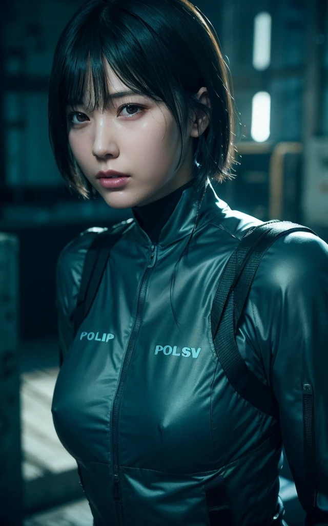 Dark Body 8K Drive Rendering, age Female Cyborg, Green Shortcut Hair, Wear wearing rash-guard likes police uniform, black and gray mecha, wearing high-tech heavy gasmask, military harness, holding a machinegun, battle armor, action SHOT, closes mouth, ((a closed mouth)), Skin pores, Detailed complex iris, Very dark lighting, heavy shadow, Detailed and detailed face, ((photos realistic, realist, Dramatic, murky, sharp focus, 8?And then)), ::Futuristic cyberpunk, Realistic style, ::n_digital-painting style