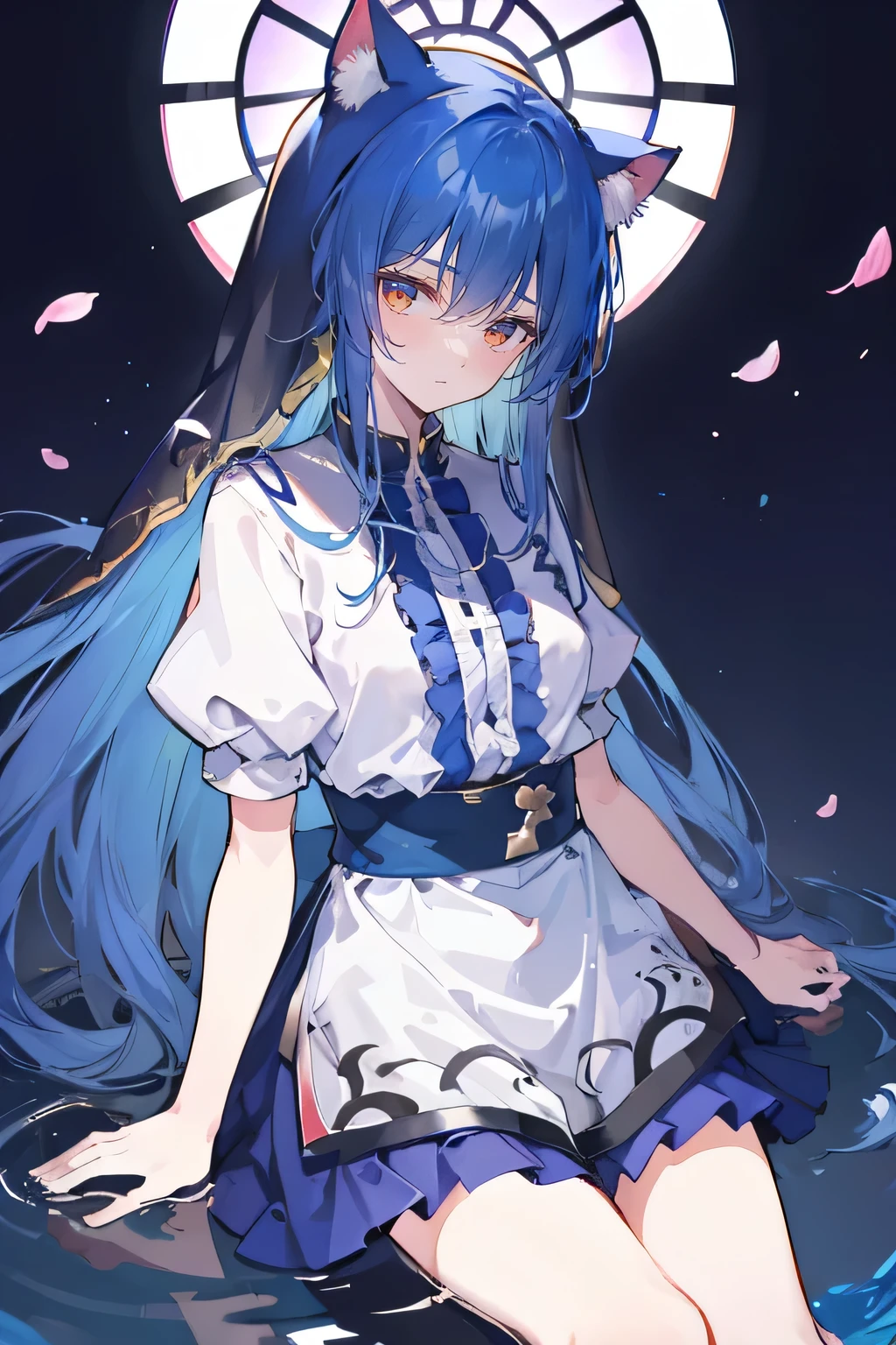 (masterpiece:1.2),Extremely detailed,Practical,expressive eyes,Fair skin,Perfect face shaping,1 Girl,
Japanese cartoons,Gorgeous blue hair, the long flowing blue hair,Floating clothes,Cat ears,Petals fall,beautiful lola,Young Angel,
Place your hands on your waist,sit elegantly on the ground,Cross your legs,Gentle and peaceful background,stately church,nun,lie on the water.