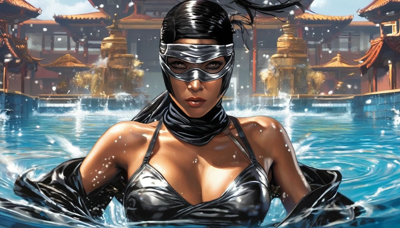 A pool of liquid metal coalesces into a sexy female ninja, she is pulling herself from the pool as she forms. royal treasure roo 