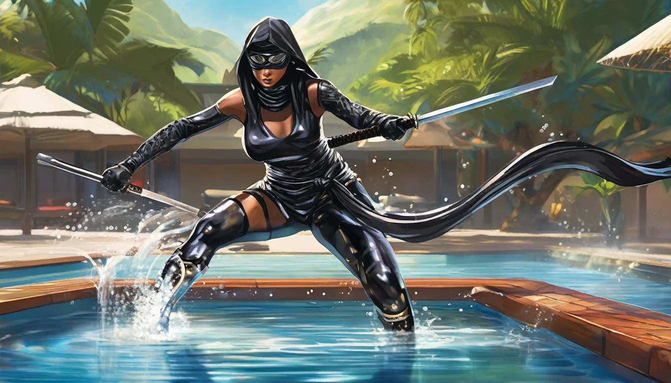 A pool of liquid metal coalesces into a sexy female ninja, she is pulling herself from the pool as she forms. royal treasure roo