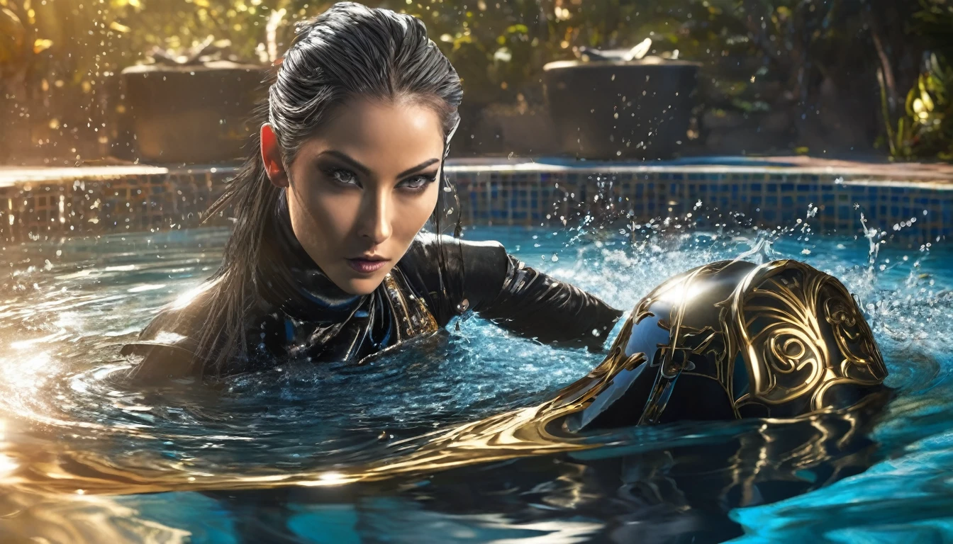 A pool of liquid metal coalesces into a sexy female ninja, she is pulling herself from the pool as she forms. royal treasure roo