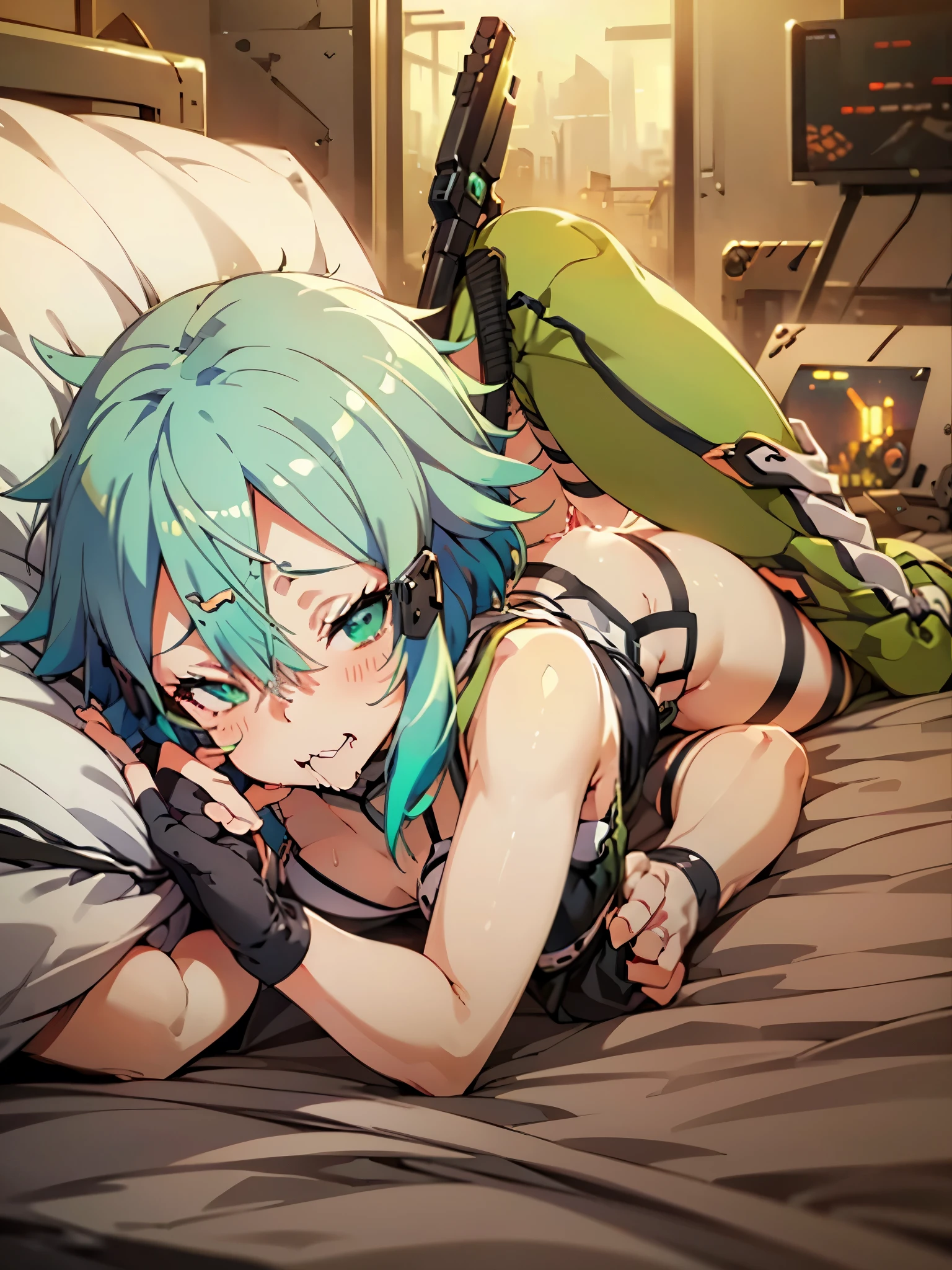 NSFW,Chinon 1,Fingerless gloves,hair ornaments,Hair Clip,Green knee socks,Thigh straps,Embarrassed,blush,(Perfect hands),(Perfect Anatomy),(masterpiece),(highest quality),Cyberpunk city,Love Hotel,bedroom,(Being sexually aroused:1.5),(Ecstasy face:1.7),Lying down,Lying on your back,Leg spread