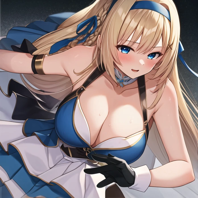 (masterpiece, best quality:1.2), 1girl, solo, blond hair, blue hairband, blue hair ribbon on the left, white-blue breast, black gloves, knight skirt, gray background