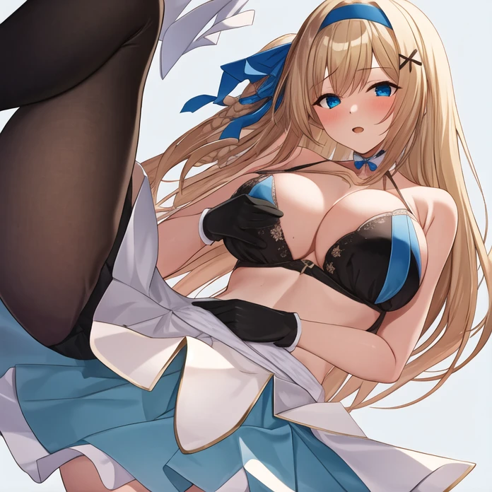 (masterpiece, best quality:1.2), 1girl, solo, blond hair, blue hairband, blue hair ribbon on the left, white-blue breast, black gloves, knight skirt, gray background