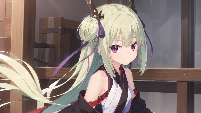 ((masterpiece)),(best quality),Official Art,Extremely detailed CG,Unity 8k Wallpaper,Super detailed,Beautiful and delicate eyes,Extremely detailed face,1 girl,solitary,,(whole body:1.5),(small:1.3),,,Murasame,Very long hair,Green Hair,Face Up,Purple bow,hairpin,Side chains,Bangs,Red Eyes,Neck strap,Red belt,Elegant and beautiful,Long sleeves hanfu,Wearing Hanfu,Gentle as a poem,Long Ponytail,Forget the future, forget the past, I am the only one between heaven and earth, the beautiful and peaceful moment affects the unknown tomorrow, my heart surges