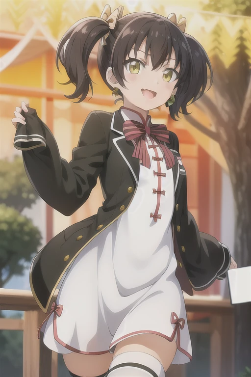 View Viewer, smile, highest quality, One girl, alone, View Viewer, blush, smile, Open your mouth, bangs, Black Hair, Knee socks, Long sleeve, dress, bow, Hair between the eyes, Twin tails, jewelry, Jacket, Yellow Eyes, :d, hair bow, Earrings, Open clothes, Striped, black Knee socks, Wide sleeves, bowtie, white dress, red bow, open Jacket, black Jacket, Sleeves are longer than the wrist, Chinese clothing, Outdoor Background, china dress, Pelvic Curtain, Sleeves are longer than your fingers, Striped bow, Butterfly_king, (RAW Photos, highest quality), masterpiece, Very delicate and beautiful, Very detailed, 2k wallpaper, wonderful, In detail, Very detailed CG unity 8k wallpaper, Super detailed, High resolution, Soft Light, Beautiful detailed girl, Very detailed eyes and face, Beautifully detailed nose, Beautiful fine details, Cinema Lighting, Perfect Anatomy, Beautiful body, light smile