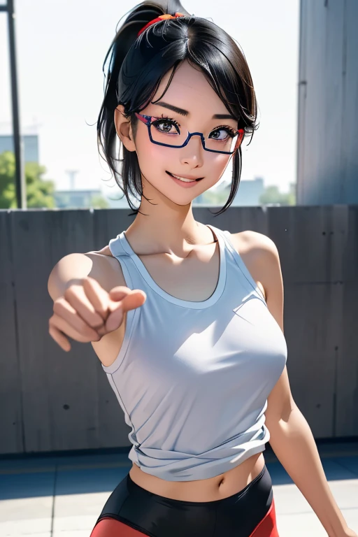 Sports competitionsの日、Sports competitions、gallery、Students cheering、女子100 m競走、((highest quality:1.4、8k、32k、Hmph:1.3))、(An unparalleled masterpiece)、((RAW Photos、realism:1.6))、Japanese Girls、Outdoor,playground,Schoolyard,Schoolyard,(physical education:1.3),(Per class:1.3)Girl smiling at the camera、Dynamic pose、(Sports competitionsの日、100 m走、running)、Dynamic Angle、School gym clothes、Bloomers、(Huge breasts:0.5、thin abdomen、The lower body is thin)、Ulzzang-6500-v1.1、age Girls、Highly detailed face、Fine grain、Round face、Baby Face、Detailed Iris、double eyelid、(((Glasses、Long black hair、High up ponytail)))、Photon Mapping、Detailed skin texture、100 m,From head to toe:1.5,