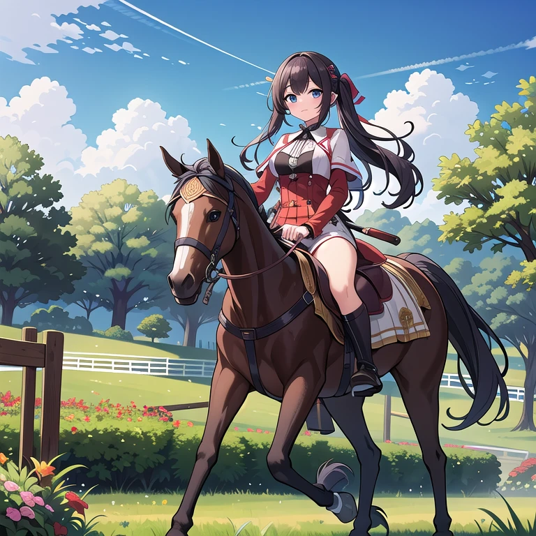 One girl, Horse&#39;s ears, Animal ears, Glasses, alone, Horse Girl, Brown Hair, View Viewer, smile, hair ornaments, Medium Hair, Glassesをかけた, Green Eyes, chest, Yellow Eyes, Side Ponytail,Aston Machan \(umamusume\)