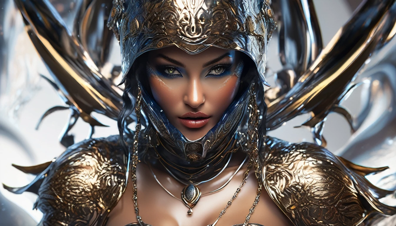 a sexy female ninja emerging from a pool of liquid metal, extremely detailed goddess-like face and body, beautiful detailed eyes, beautiful detailed lips, extremely detailed eyes and face, long eyelashes, intricate metal armor, graceful flowing movements, dark fantasy, highly detailed, cinematic lighting, dramatic shadows, glowing metallic skin, vibrant colors, digital art, concept art, masterpiece, (best quality,4k,8k,highres,masterpiece:1.2),ultra-detailed,(realistic,photorealistic,photo-realistic:1.37)