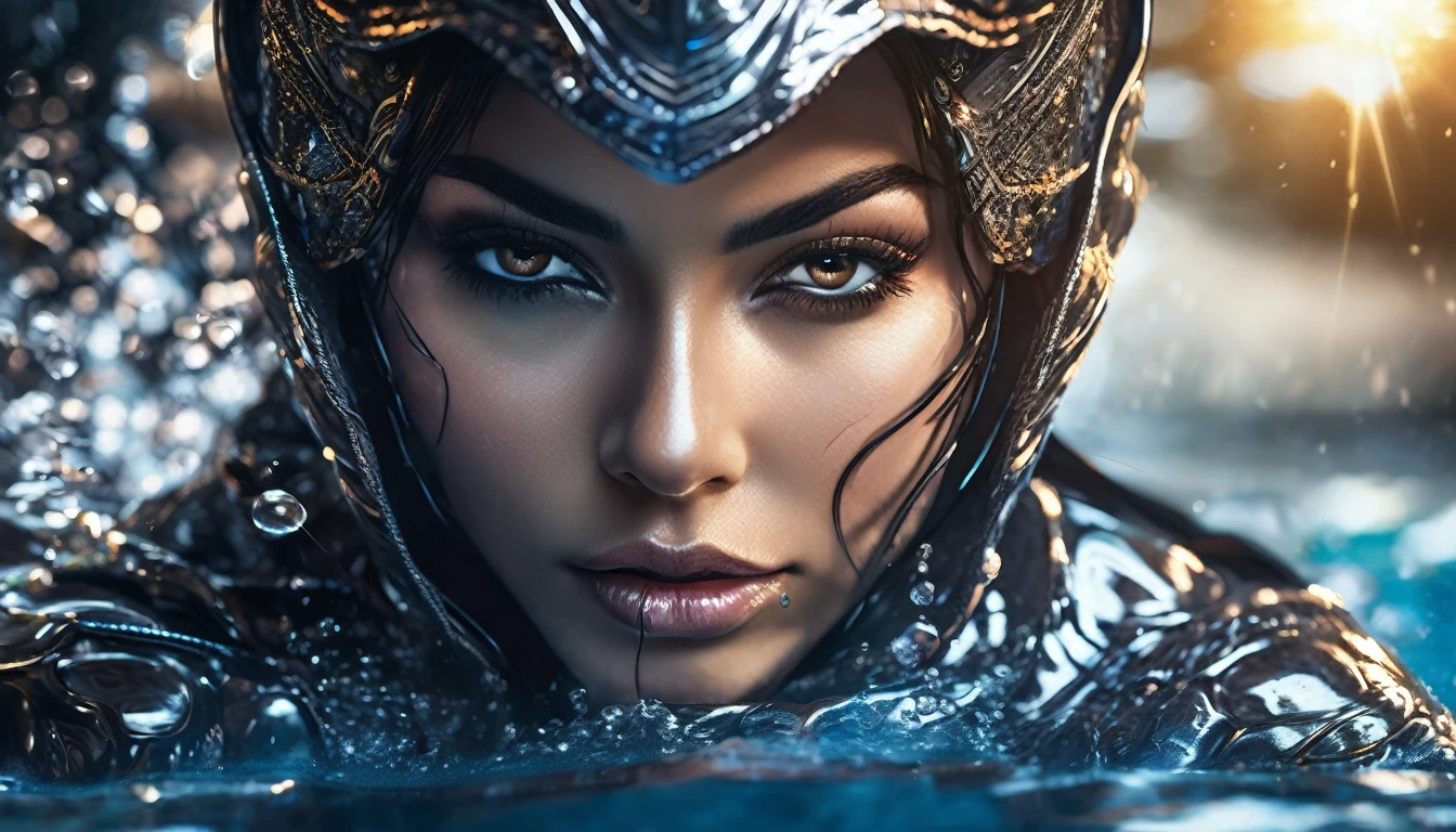 a sexy female ninja emerging from a pool of liquid metal, extremely detailed goddess-like face and body, beautiful detailed eyes, beautiful detailed lips, extremely detailed eyes and face, long eyelashes, intricate metal armor, graceful flowing movements, dark fantasy, highly detailed, cinematic lighting, dramatic shadows, glowing metallic skin, vibrant colors, digital art, concept art, masterpiece, (best quality,4k,8k,highres,masterpiece:1.2),ultra-detailed,(realistic,photorealistic,photo-realistic:1.37)