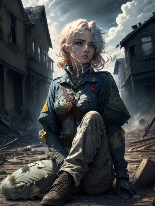 Hight quality, masterpiece, 8k, 1 female, Violet Evergarend, yellow hair, blue eyes, wearing soldier uniform , soldier uniform, torn clothes, little blood on her clothes and body, tired, sitting, in the war, too many broken house in the background , dark color, dark cloud 