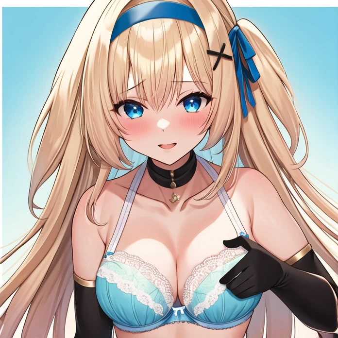 (masterpiece, best quality:1.2), 1girl, solo, blond hair, blue hairband, blue hair ribbon on the left, white-blue bra, black gloves, knight skirt, Solid color background