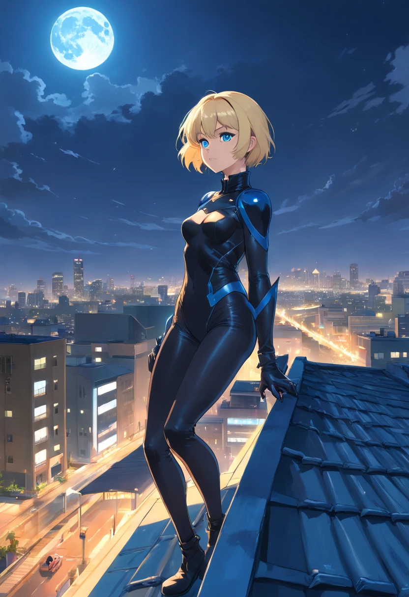 17 years old Women, ((Blonde)), ((Blue eyes)), ((Short hair)), ((Full shot)), She wears an all black catwoman costume with high heeled boots, sHe is fighting on a roof with the moon in the background ((Full Body))