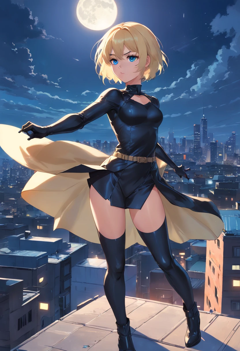 Women, ((Blonde)), ((Blue eyes)), ((Short hair)), ((Full shot)), She wears an all black catwoman costume with high heeled boots, sHe is fighting on a roof with the moon in the background ((Full Body))