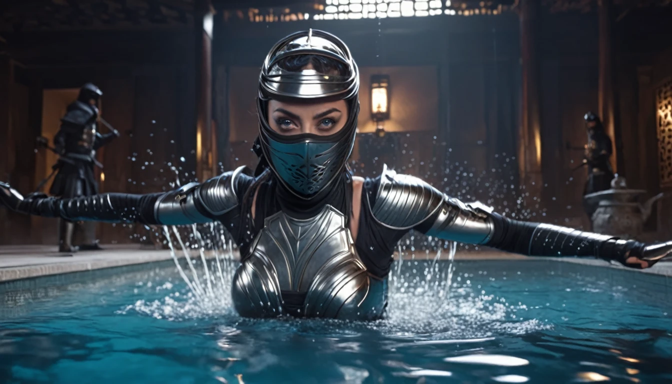 a pool of liquid metal coalescing into a sexy female ninja pulling herself from the pool as she forms, extremely detailed eyes and face, long eyelashes, beautiful detailed lips, intricate metal armor, dynamic pose, ninja weapons, royal treasure room, volumetric lighting, photorealistic, 8k, best quality, cinematic lighting, dramatic colors
