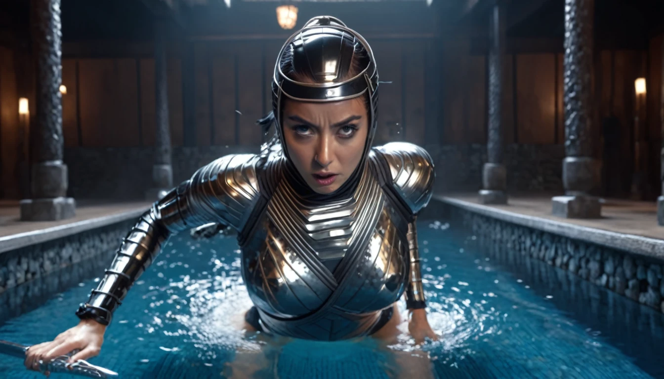 a pool of liquid metal coalescing into a sexy female ninja pulling herself from the pool as she forms, extremely detailed eyes and face, long eyelashes, beautiful detailed lips, intricate metal armor, dynamic pose, ninja weapons, royal treasure room, volumetric lighting, photorealistic, 8k, best quality, cinematic lighting, dramatic colors