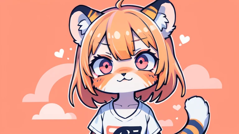(obra maestra, Alta calidad, mejor calidad, 8K, high resolution), ((estilo chibii, Chibi lindo)), (solo, 1 girl), {Tiger Girl, cara de tigre, 2 colmillos, long eyelashes, delineador de ojos} {bigotes de tigre}, (((Piel de tigre por todo el cuerpo., Rayas de tigre en el cuerpo.))), (pelo naranja), cabello corto, Pinza para el cabello, [[Pinza para el cabello white flower on hair]], ((Muy feliz)), ((boca abierta)), ojos naranjas, [pupilas negras], ((buscando)), (very small breasts), brazos delgados, (un brazo arriba, un brazo hacia abajo), axilas, ((mini camiseta rosa, camiseta rosa completa)), {shorts blancos}, {{{mini cola de tigre, Cola en la espalda}}}, (cuerpo completo), (((de pie, jump angle))), dynamic pose, Fondo blanco, fondo sencillo, ((((Estilo Tora-chan no Hanayome)))), (old anime style 40s), estilo animado, anime color.