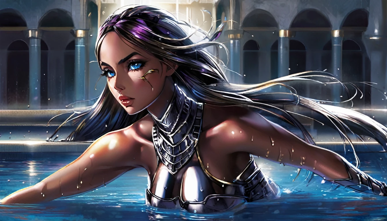 an Arab woman in her twenties, mid-length curly black hair, dark skin, small breasts, ice blue eyes, black tattoo on the left arm, she nude!!!, penis instead of a pussy, arms crossed, black baseball cap, arrogant, ghetto, sexy body, digital art style